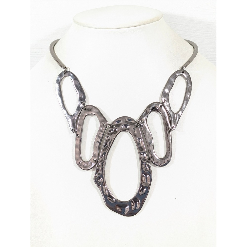 Gunmetal Gray‎ Hammered Link Necklace 16" Modern Statement